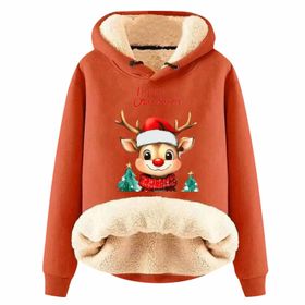 Generisch Noel Baskılı 2025 Kış Kapüşonlu Zarif Uzun Kollu Gündelik F-Turuncu Kadın Sweatshirt