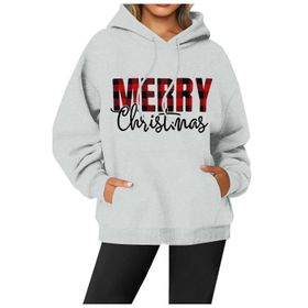 Generisch Noel Baskılı 2025 Modern Kapüşonlu Gündelik Açık Gri-1 Kadın Sweatshirt