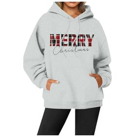Generisch Noel Baskılı 2025 Modern Kapüşonlu Gündelik Açık Gri-2 Kadın Sweatshirt