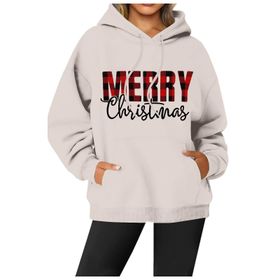 Generisch Noel Baskılı 2025 Modern Kapüşonlu Gündelik Bej-1 Kadın Sweatshirt