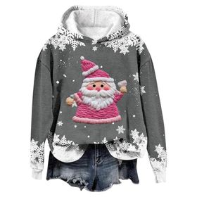 Generisch Noel Baskılı 2025 Modern Kapüşonlu Gündelik Gri-1 Kadın Sweatshirt