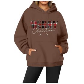 Generisch Noel Baskılı 2025 Modern Kapüşonlu Gündelik Kahverengi-2 Kadın Sweatshirt