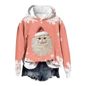 Generisch Noel Baskılı 2025 Modern Kapüşonlu Gündelik Karpuz Kırmızısı-4 Kadın Sweatshirt