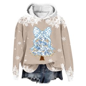 Generisch Noel Baskılı 2025 Modern Kapüşonlu Kışlık Zarif Gündelik 1-Bej Kadın Sweatshirt