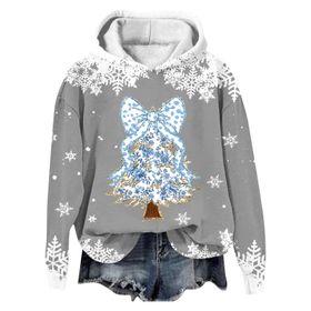 Generisch Noel Baskılı 2025 Modern Kapüşonlu Kışlık Zarif Gündelik 1-Gri Kadın Sweatshirt
