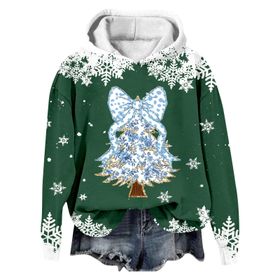 Generisch Noel Baskılı 2025 Modern Kapüşonlu Kışlık Zarif Gündelik 1-Koyu Yeşil Kadın Sweatshirt