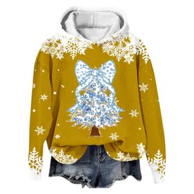 Generisch Noel Baskılı 2025 Modern Kapüşonlu Kışlık Zarif Gündelik 1 Sarı Kadın Sweatshirt