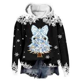 Generisch Noel Baskılı 2025 Modern Kapüşonlu Kışlık Zarif Gündelik 1-Siyah Kadın Sweatshirt