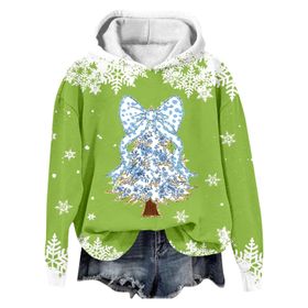 Generisch Noel Baskılı 2025 Modern Kapüşonlu Kışlık Zarif Gündelik 1 Yeşil Kadın Sweatshirt