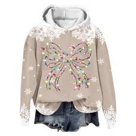 Generisch Noel Baskılı 2025 Modern Kapüşonlu Kışlık Zarif Gündelik 2 Bej Kadın Sweatshirt