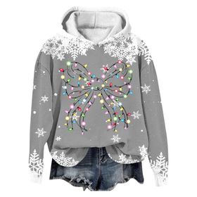 Generisch Noel Baskılı 2025 Modern Kapüşonlu Kışlık Zarif Gündelik 2 Gri Kadın Sweatshirt