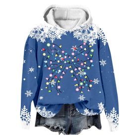 Generisch Noel Baskılı 2025 Modern Kapüşonlu Kışlık Zarif Gündelik 2 Mavi Kadın Sweatshirt