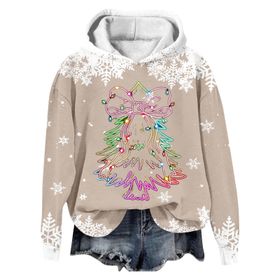 Generisch Noel Baskılı 2025 Modern Kapüşonlu Kışlık Zarif Gündelik 3 Bej Kadın Sweatshirt