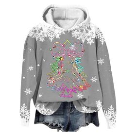 Generisch Noel Baskılı 2025 Modern Kapüşonlu Kışlık Zarif Gündelik 3 Gri Kadın Sweatshirt