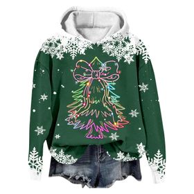 Generisch Noel Baskılı 2025 Modern Kapüşonlu Kışlık Zarif Gündelik 3-Koyu Yeşil Kadın Sweatshirt