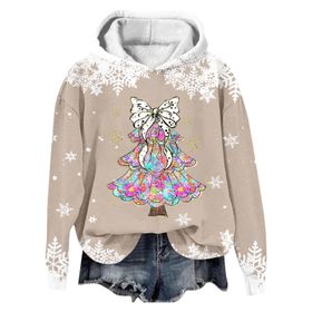 Generisch Noel Baskılı 2025 Modern Kapüşonlu Kışlık Zarif Gündelik 4 Bej Kadın Sweatshirt