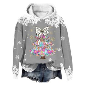 Generisch Noel Baskılı 2025 Modern Kapüşonlu Kışlık Zarif Gündelik 4 Gri Kadın Sweatshirt