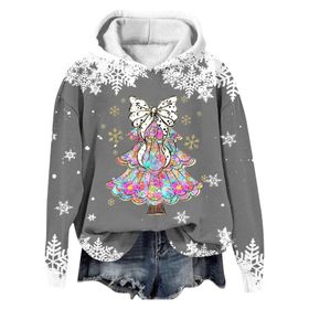 Generisch Noel Baskılı 2025 Modern Kapüşonlu Kışlık Zarif Gündelik 4 Koyu Gri Kadın Sweatshirt
