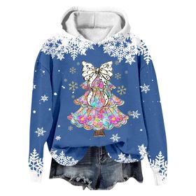 Generisch Noel Baskılı 2025 Modern Kapüşonlu Kışlık Zarif Gündelik 4-Mavi Kadın Sweatshirt