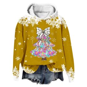 Generisch Noel Baskılı 2025 Modern Kapüşonlu Kışlık Zarif Gündelik 4-Sarı Kadın Sweatshirt