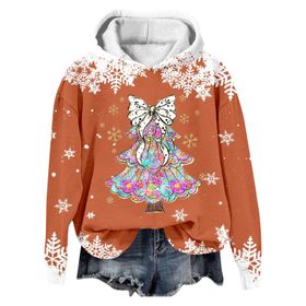 Generisch Noel Baskılı 2025 Modern Kapüşonlu Kışlık Zarif Gündelik 4-Turuncu Kadın Sweatshirt