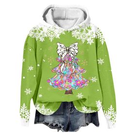 Generisch Noel Baskılı 2025 Modern Kapüşonlu Kışlık Zarif Gündelik 4-Yeşil Kadın Sweatshirt