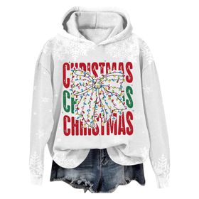 Generisch Noel Baskılı 2025 Modern Kapüşonlu Kışlık Zarif Gündelik 5-Açık Gri Kadın Sweatshirt