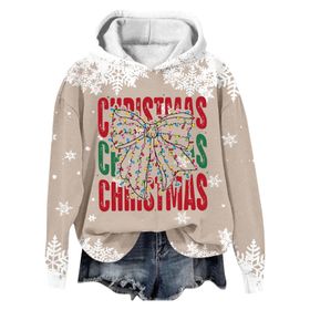 Generisch Noel Baskılı 2025 Modern Kapüşonlu Kışlık Zarif Gündelik 5-Bej Kadın Sweatshirt