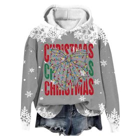 Generisch Noel Baskılı 2025 Modern Kapüşonlu Kışlık Zarif Gündelik 5-Gri Kadın Sweatshirt
