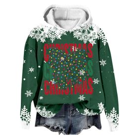 Generisch Noel Baskılı 2025 Modern Kapüşonlu Kışlık Zarif Gündelik 5-Koyu Yeşil Kadın Sweatshirt
