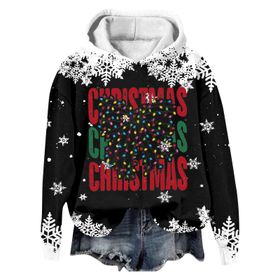 Generisch Noel Baskılı 2025 Modern Kapüşonlu Kışlık Zarif Gündelik 5-Siyah Kadın Sweatshirt