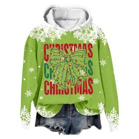 Generisch Noel Baskılı 2025 Modern Kapüşonlu Kışlık Zarif Gündelik 5-Yeşil Kadın Sweatshirt