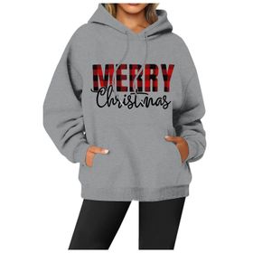 Generisch Noel Baskılı 2025 Modern Kapüşonlu Kışlık Zarif Gündelik Koyu Gri-1 Kadın Sweatshirt