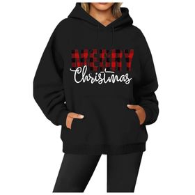 Generisch Noel Baskılı 2025 Modern Kapüşonlu Kışlık Zarif Gündelik Siyah-1 Kadın Sweatshirt