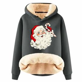 Generisch Noel Baskılı 2025 Modern Kapüşonlu Uzun Kollu C-Gri Kadın Sweatshirt