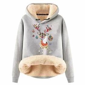 Generisch Noel Baskılı 2025 Modern Kapüşonlu Uzun Kollu E-Açık Gri Kadın Sweatshirt