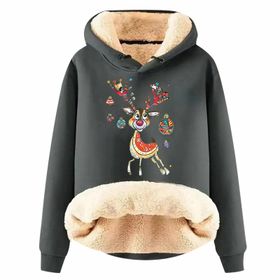 Generisch Noel Baskılı 2025 Modern Kapüşonlu Uzun Kollu E-Gri Kadın Sweatshirt