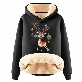 Generisch Noel Baskılı 2025 Modern Kapüşonlu Uzun Kollu E-Siyah Kadın Sweatshirt
