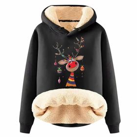 Generisch Noel Baskılı 2025 Modern Kapüşonlu Uzun Kollu G-Siyah Kadın Sweatshirt