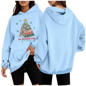 Generisch Noel Baskılı 2025 Modern Kapüşonlu Uzun Kollu Gündelik 1 Açık Mavi Kadın Sweatshirt