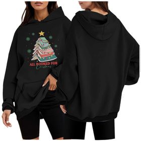 Generisch Noel Baskılı 2025 Modern Kapüşonlu Uzun Kollu Gündelik 1-Siyah Kadın Sweatshirt