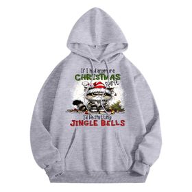Generisch Noel Baskılı 2025 Modern Kapüşonlu Uzun Kollu Gündelik A-Gri Kadın Sweatshirt