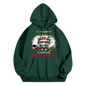 Generisch Noel Baskılı 2025 Modern Kapüşonlu Uzun Kollu Gündelik A-Koyu Yeşil Kadın Sweatshirt
