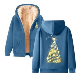 Generisch Noel Baskılı 2025 Modern Kapüşonlu Zarif Uzun Kollu E-Mavi Kadın Sweatshirt
