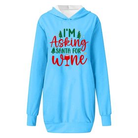 Generisch Noel Baskılı Kapüşonlu Uzun Kollu Zarif Gök Mavisi 1 Kadın Sweatshirt