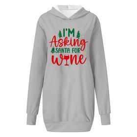Generisch Noel Baskılı Kapüşonlu Uzun Kollu Zarif Gri 1 Kadın Sweatshirt