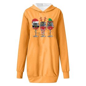 Generisch Noel Baskılı Kapüşonlu Uzun Kollu Zarif Sarı 4 Kadın Sweatshirt