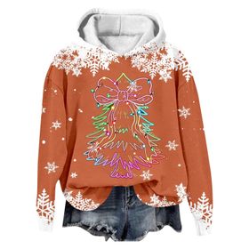 Generisch Noel Baskılı Kapüşonlu Uzun Kollu Zarif Turuncu 3 Kadın Sweatshirt