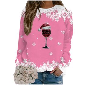 Generisch Noel Baskılı Yuvarlak Yaka Uzun Kol Pembe-A Kadın Sweatshirt