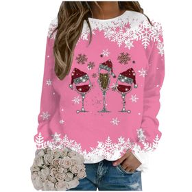 Generisch Noel Baskılı Yuvarlak Yaka Uzun Kol Pembe-B Kadın Sweatshirt